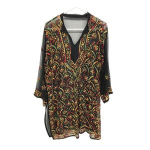 Womens See Through Mesh Full Embroidered Swimsuit Coverup 3/4 Sleeve
